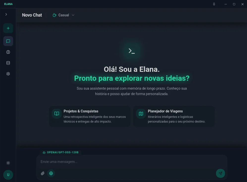 Elana AI - Interface do aplicativo em modo escuro